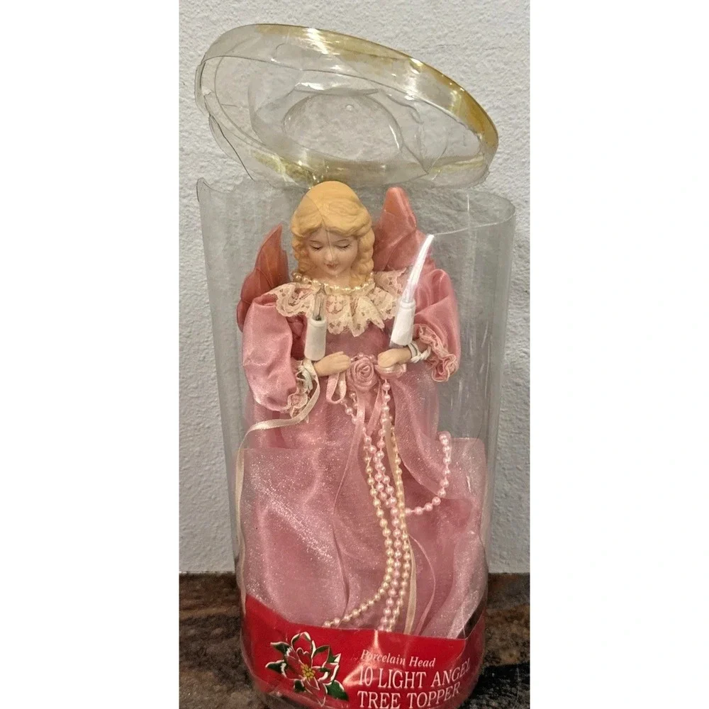 Vintage Pink Porcelain Face Angel Christmas Tree Topper 10-Light Lighted Y2K